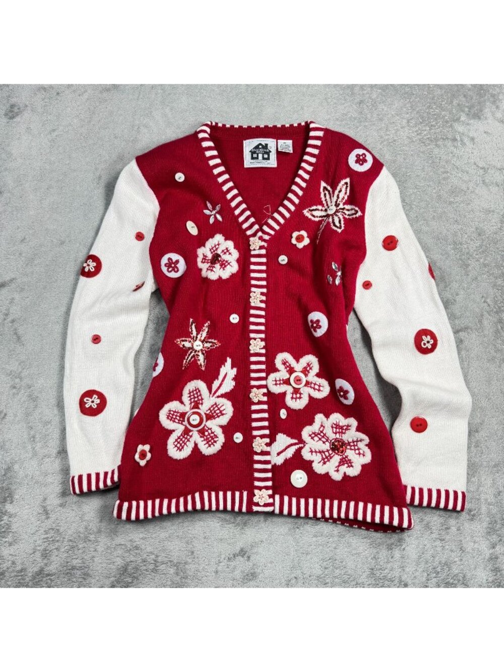 Vtg Storybook Knits Xmas Holiday Floral Embellished Cardigan Red Sweater Size XS